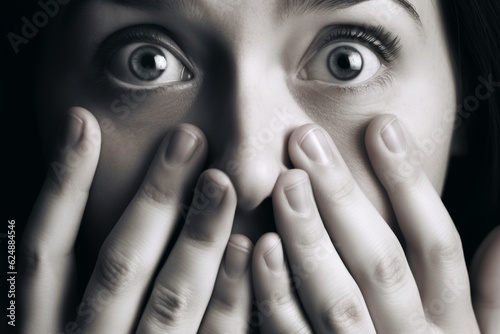 Monochrome black white afraid shocked scared woman cover face with hands astonished terrified girl covering mouth emotions horror portrait close up big eyes lady anxiety shock fear worried expression