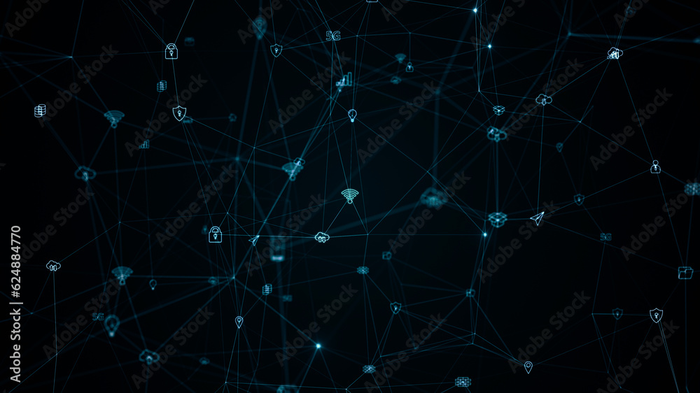 Blue digital ai technology icons linked on grid mesh and line connection rotation on futuristic abstract background