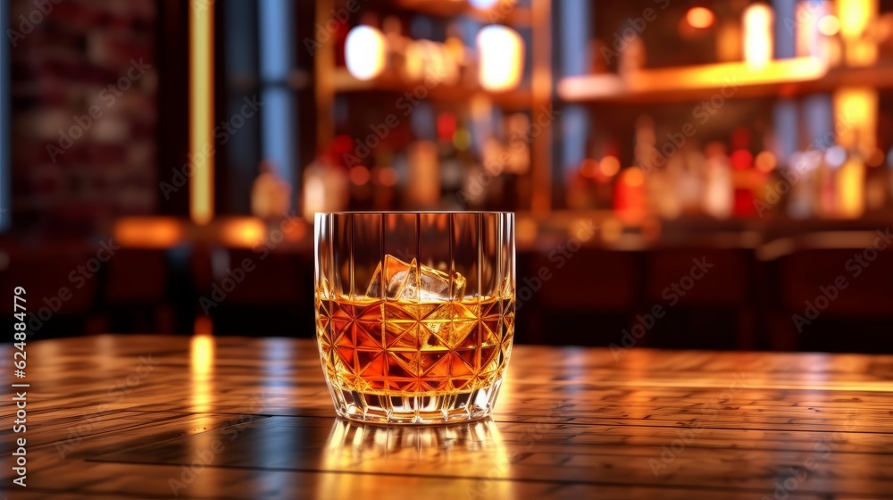glass of whiskey with ice on a wooden table against tbackdrop bar pub background, aglass of expensive whiskey copy space glass of whiskey with ice on a wooden table against tbackdrop bar pub background, aglass of expensive whiskey copy space