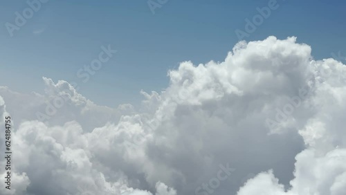 Close up shot of clouds from air. Landscape, realistic fluffy cumulus cloud. Sky, nobody and white heaven.