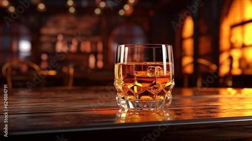 glass of whiskey with ice on a wooden table against tbackdrop bar pub background, aglass of expensive whiskey copy space