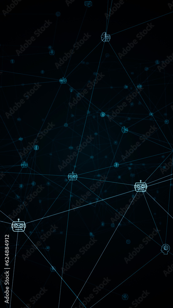 Blue ai icons linked on grid mesh and line connection on futuristic abstract background technology artificial intelligence assistant concept