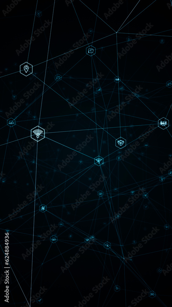 Blue digital ai technology icons linked on grid mesh and line connection on futuristic abstract background technology