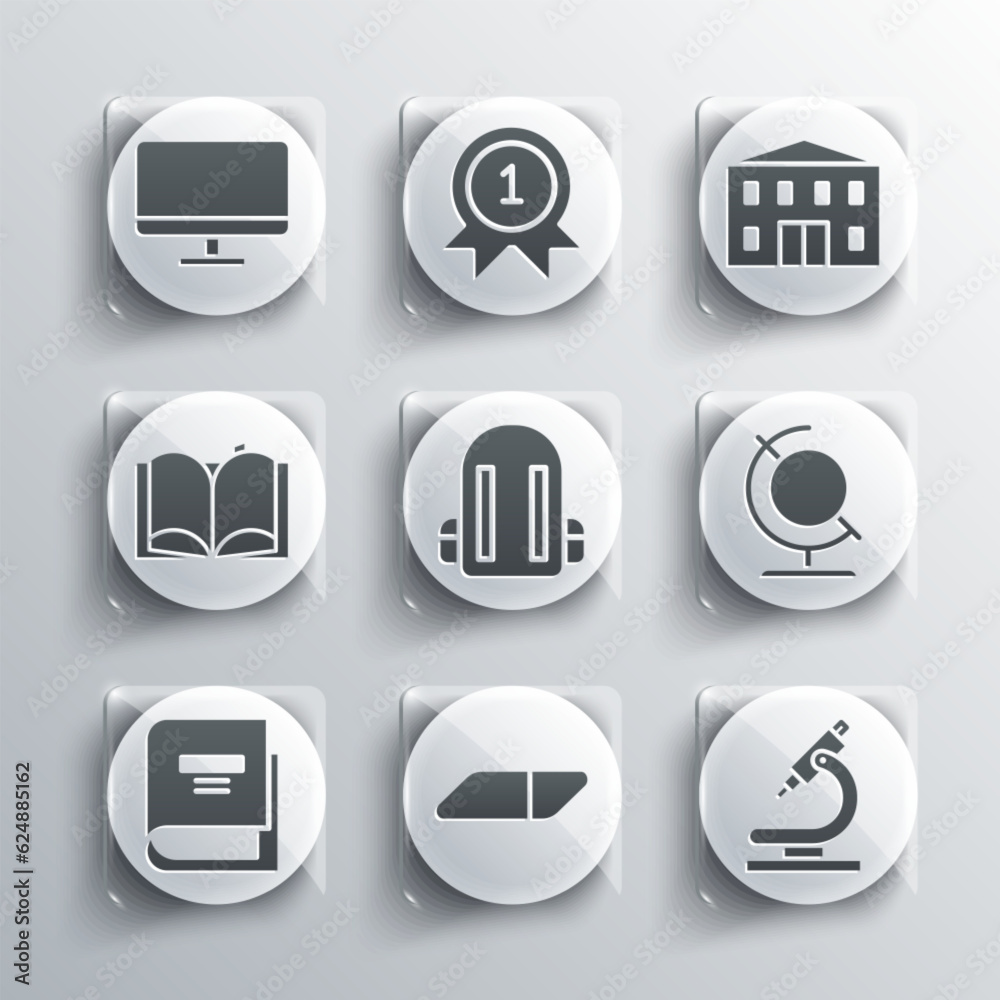 Set Eraser or rubber, Microscope, Earth globe, School backpack, Book, Open book, Computer monitor screen and building icon. Vector Set Eraser or rubber, Microscope, Earth globe, School backpack, Book, Open book, Computer monitor screen and building icon. Vector