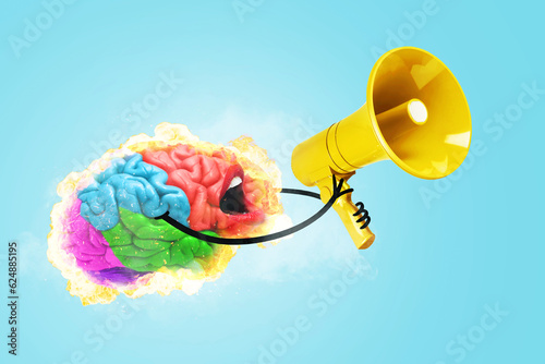 Creative fun smart brain explodes with fire, holds a yellow loudspeaker and screams on blue background. Brainstorm, concept. Headache and notice. Fire Brain Attracts Attention, Marketing Creative Idea