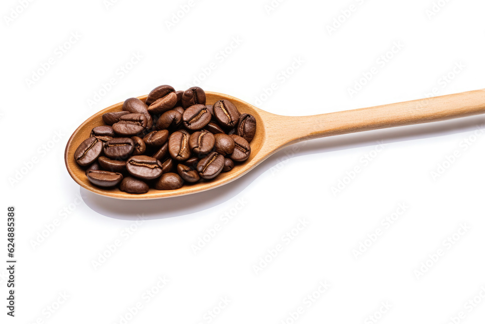 Obraz premium roasted coffee beans on a wooden spoon isolated on white background