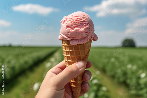 man holding ice cream cone, closeup. Summer vacation