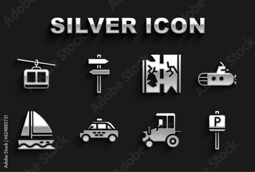 Set Taxi car, Submarine, Parking, Tractor, Yacht sailboat, Broken road, Cable and Road traffic signpost icon. Vector