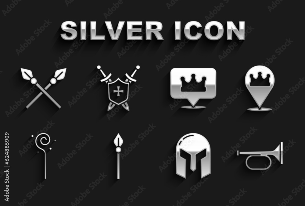 Set Medieval spear, Location king crown, Trumpet, iron helmet, Magic staff, Crossed medieval spears and shield with swords icon. Vector Set Medieval spear, Location king crown, Trumpet, iron helmet, Magic staff, Crossed medieval spears and shield with swords icon. Vector