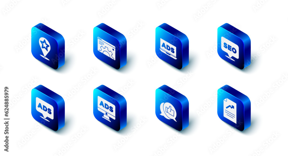 Set Browser setting, Advertising, SEO optimization, Document with graph chart, Customer product rating, and Map pointer star icon. Vector Set Browser setting, Advertising, SEO optimization, Document with graph chart, Customer product rating, and Map pointer star icon. Vector