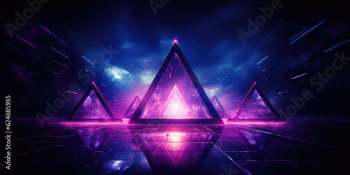 Abstrakter Leuchtende Pyramide oder Dreieck in neon mit Vapowave Synthwave Hintergrund in schwarz, lila und blauer Farbe