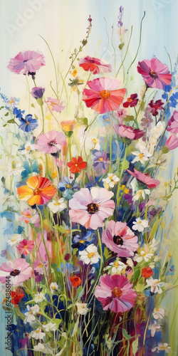 Vibrant field of beautiful wildflowers in bright sunny day, vertical illustration created with generative AI technology