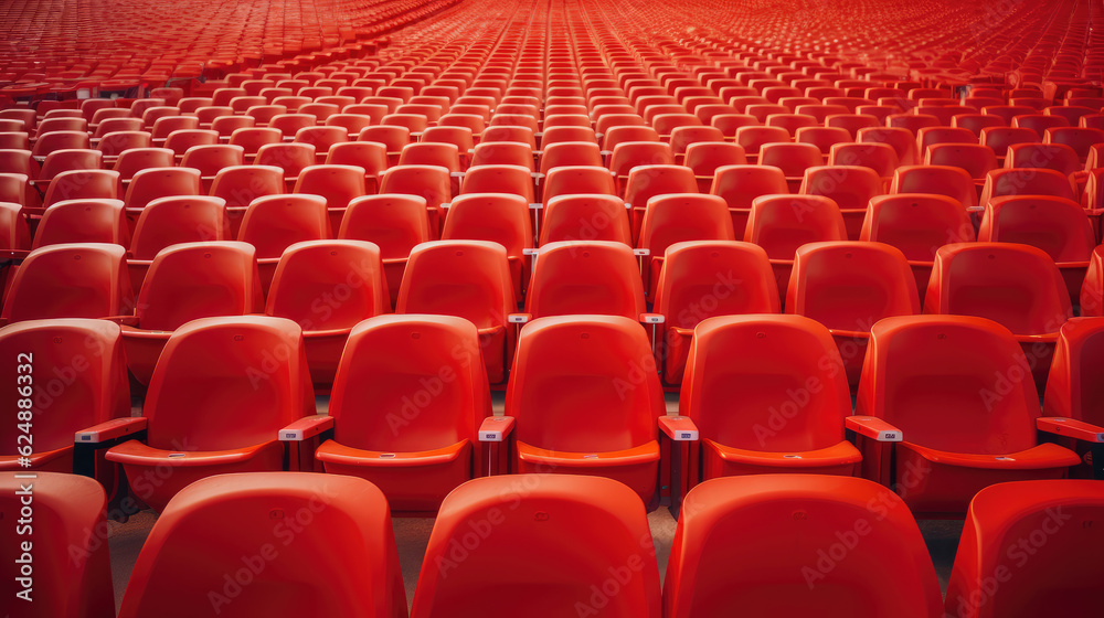 Fototapeta premium Red tribunes. seats of tribune on sport stadium. empty outdoor arena. concept of fans. chairs for audience. cultural environment concept. color and symmetry. empty seats. modern stadium