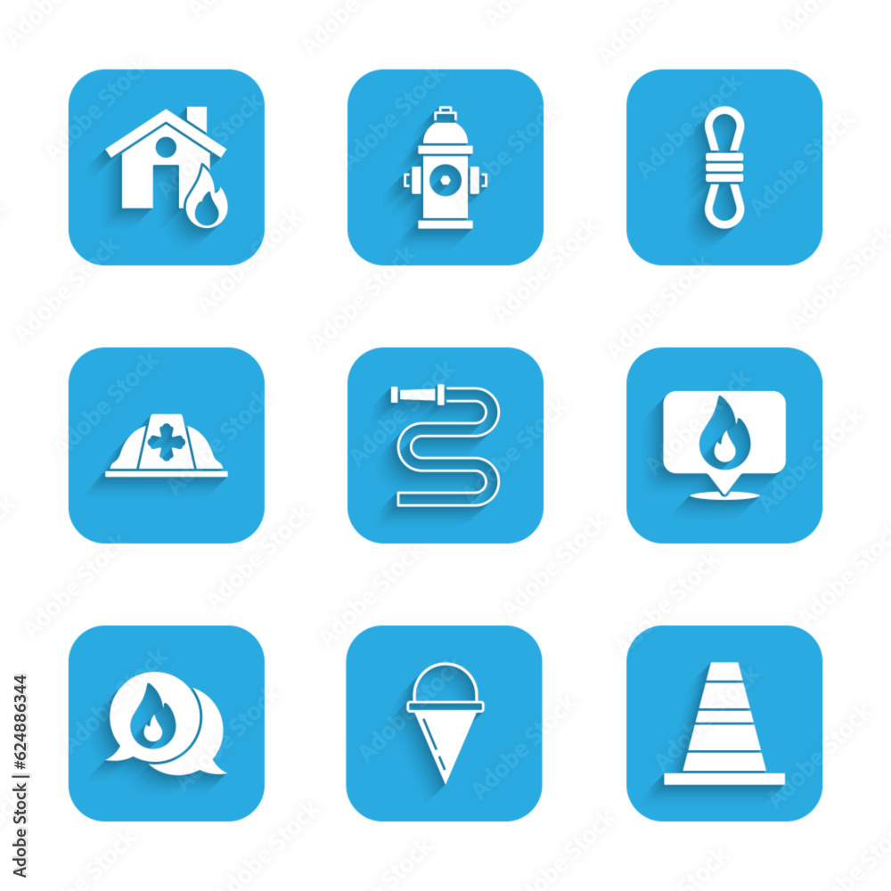 Set Fire hose reel, cone bucket, Traffic, Location with fire flame, Telephone call 911, Firefighter helmet, Climber rope and in burning house icon. Vector Set Fire hose reel, cone bucket, Traffic, Location with fire flame, Telephone call 911, Firefighter helmet, Climber rope and in burning house icon. Vector