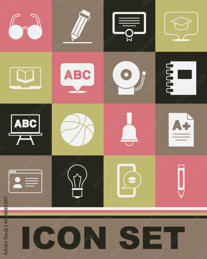 Set Marker pen, Exam sheet with A plus grade, Spiral notebook, Certificate template, Alphabet, Online class, Glasses and Ringing alarm bell icon. Vector Set Marker pen, Exam sheet with A plus grade, Spiral notebook, Certificate template, Alphabet, Online class, Glasses and Ringing alarm bell icon. Vector