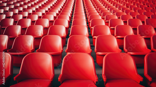 Red tribunes. seats of tribune on sport stadium. empty outdoor arena. concept of fans. chairs for audience. cultural environment concept. color and symmetry. empty seats. modern stadium