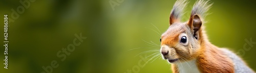 Lateral View of Cute Squirrel with Copy Space on Green Background © Nld