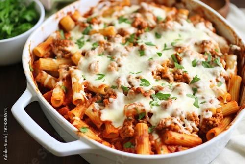 Baked Ziti Casserole with Sausage, Mozzarella, and Ricotta - Generative ai