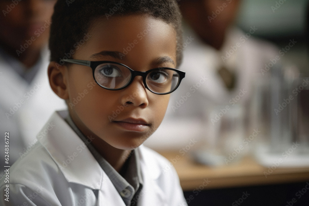 Generative AI image of portrait of black kid in glasses looking at camera while sitting with classmates in blurred illuminated classroom in school Generative AI image of portrait of black kid in glasses looking at camera while sitting with classmates in blurred illuminated classroom in school