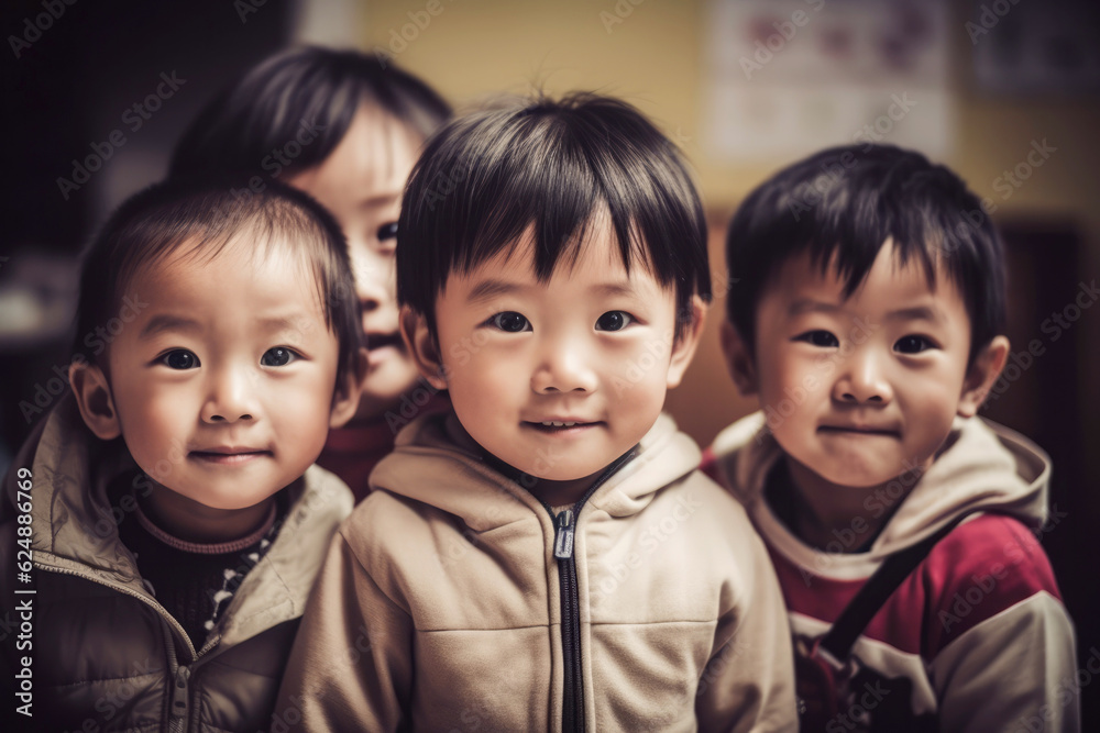 Generative AI image of cute Asian kids standing in classroom in school looking at camera against blurred background Generative AI image of cute Asian kids standing in classroom in school looking at camera against blurred background