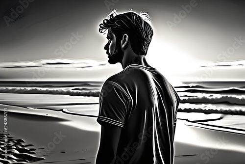  Portrait of lonely lonely young father looking at sunset beach. Generative AI