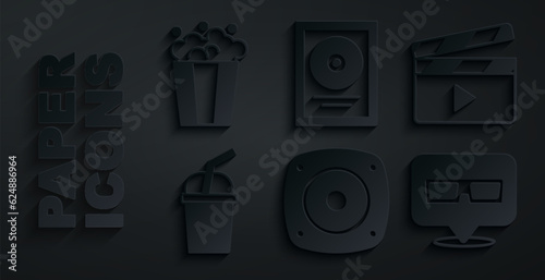 Set Stereo speaker, Movie clapper, Paper glass with water, 3D cinema glasses, CD disk award frame and Popcorn cardboard box icon. Vector