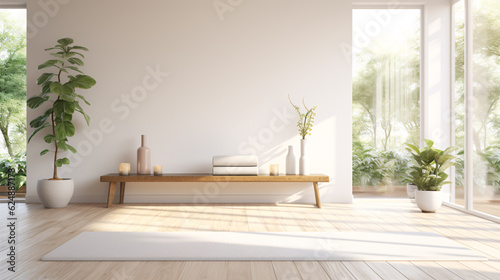 Photo Unrolled white yoga mat on wooden floor in modern fitness center or at home with big windows and white walls, comfortable space for doing sport exercises, meditating