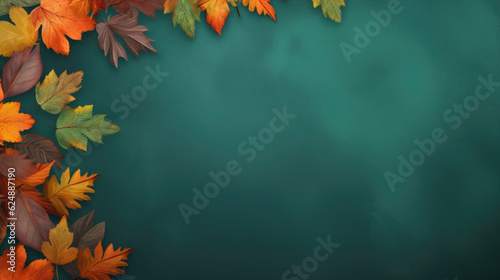 Orange autumnal leaves border on green background with space for text.