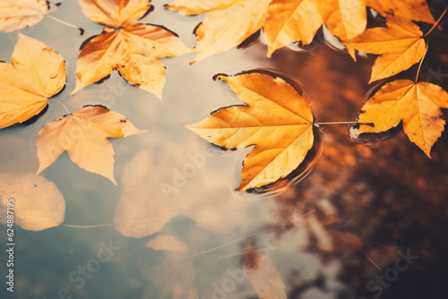 Autumnal yellow leaves in puddle with reflective surface.