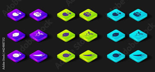 Set Orange fruit, Hot chili pepper, Lemon, Radish, Basket and food and Peach or nectarine icon. Vector