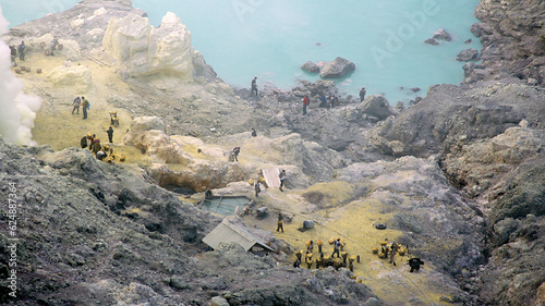 Sulfur extraction, Kawah Ijen volcano, Java Island, Indonesia photo