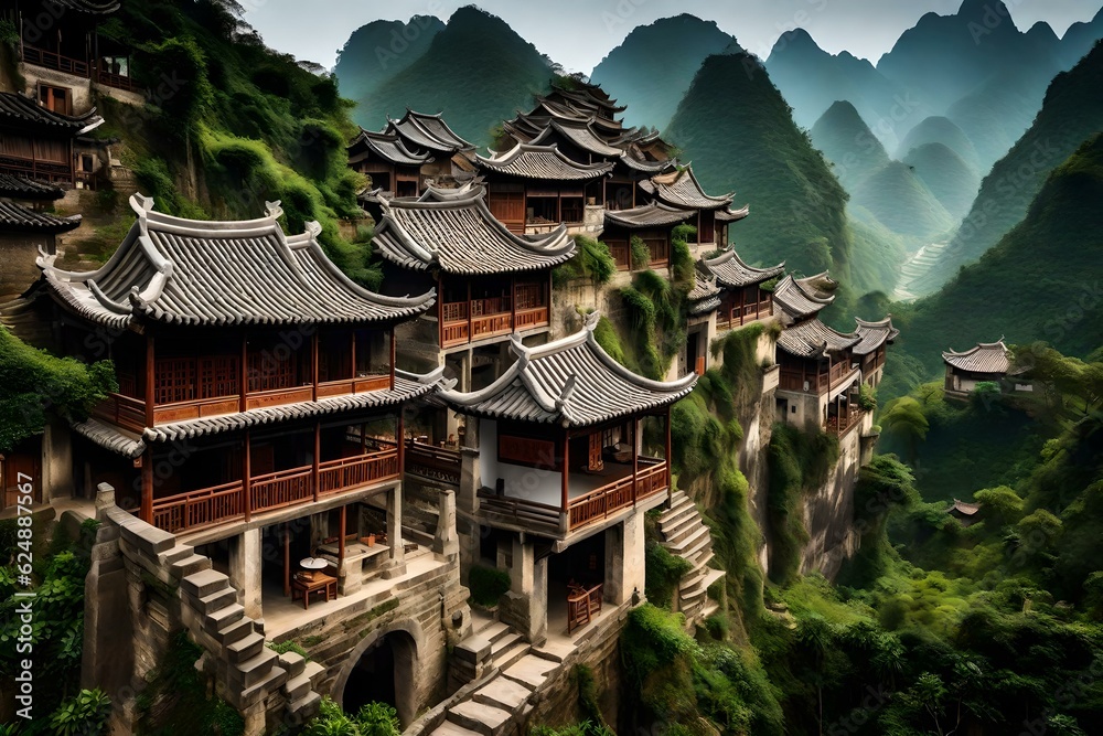 chinese temple in the mountains generated Ai Technology