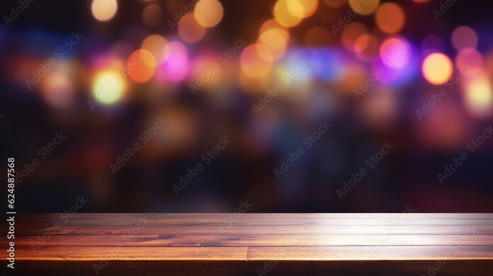 Wooden table, blurred bokeh background background. Neon light, night view, close-up. The general background of the interior, a dark background.