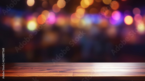 Wooden table  blurred bokeh background background. Neon light  night view  close-up. The general background of the interior  a dark background.