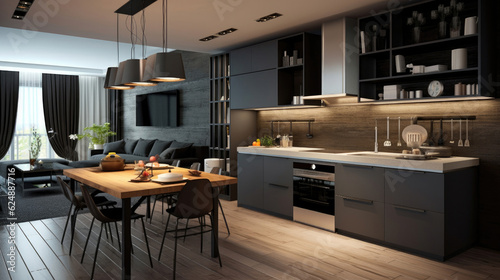 Stylish apartment interior with modern kitchen. Idea for home design © Sasint