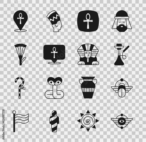 Set Egyptian symbol Winged sun, Scarab, Hookah, Cross ankh, lotus, and Sphinx icon. Vector