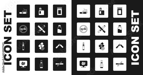 Set Matchbox and matches, Cigarette, No smoking, Vape liquid bottle, mod device, Broken cigarette and Electronic icon. Vector