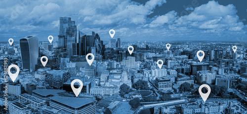 Фотография Digital geolocation interface over night city