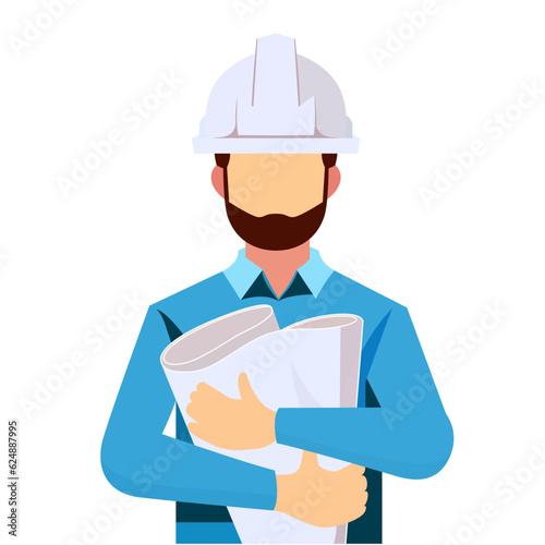 Engineer holding blueprints wearing a white safety helmet flat style vector illustration, Engineer , site officer , site manager holding the building plan stock vector image