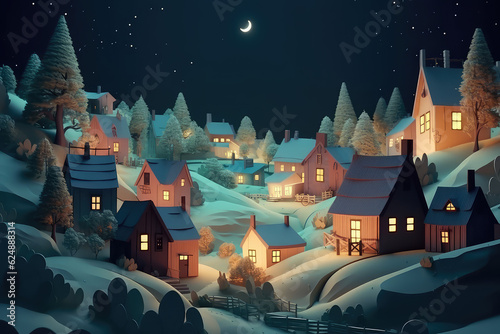 Children's wallpaper good night, sweet dreams concept art. Paper town, 3d night country landscape with starry sky and cozy toy houses.