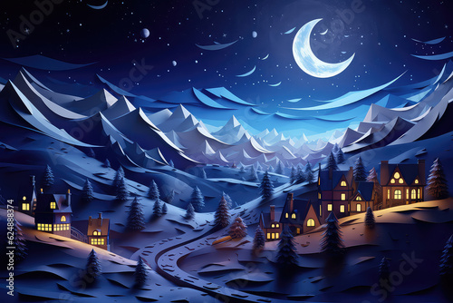 Children's wallpaper good night, sweet dreams concept art. Paper town, 3d night country landscape with starry sky and cozy toy houses.