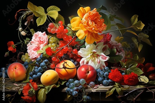 Colorful Fruits and Flowers Illustration. Generative AI