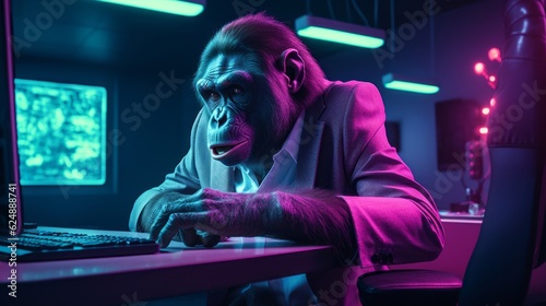 A monkey dressed in a casual suit is sitting in modern office and working on a computer. Purple blue green neon colors, futuristic scene. Animal like a human character. Illustration, Generative AI.