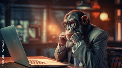 Professional gentleman monkey in business suit sitting in front of a desk with a laptop and have business event in office. Online creative concept. Illustration, Generative AI.