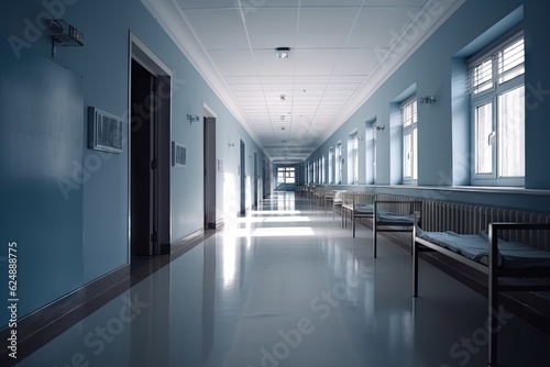 Blue Hospital Corridor. Nobody Background with Blur and Copy Space © Thares2020
