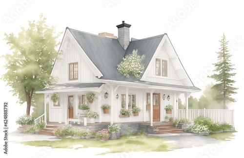 Traditional wooden Norwegian house in watercolor style generated ai