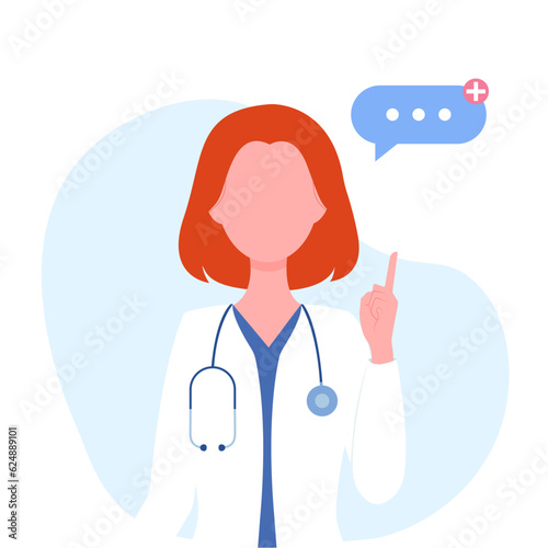 A doctor with short hair shows an idea with a finger or warns. Concept - doctor, healthcare. Vector illustration in flat cartoon style.
