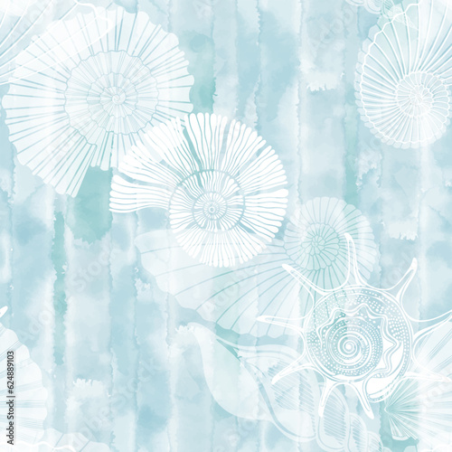 Sea art background. Seamless vector pattern with  seashells on striped blue watercolor background. Perfect for wallpaper  wrapping  fabric and textile.