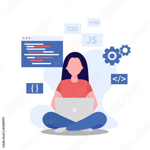 Software developer woman. Woman with straight long hair. Programming languages. Isolated on white background.	
