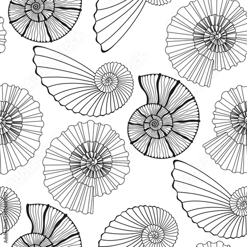 Seamless vector pattern with  seashells. Nature background. Line art. Black and white.  Perfect for wallpaper, wrapping, fabric and textile.